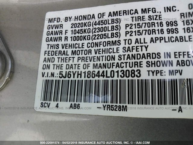 5J6YH18644L013083 - 2004 HONDA ELEMENT EX SILVER photo 9