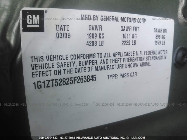 1G1ZT52825F263845 - 2005 CHEVROLET MALIBU LS 绿色 照片 9