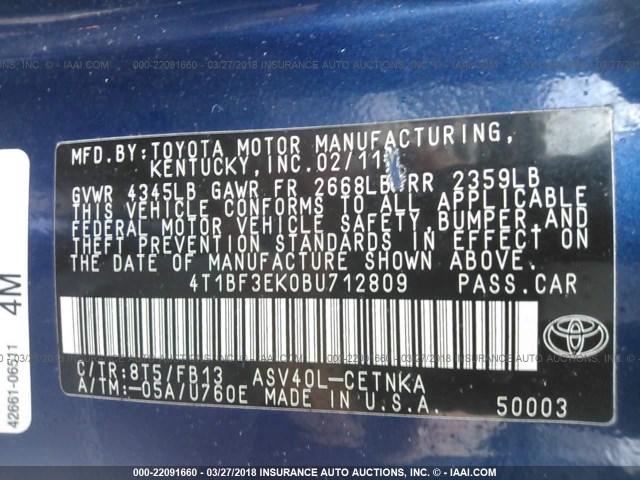 4T1BF3EK0BU712809 - 2011 TOYOTA CAMRY SE/LE/XLE BLUE photo 9