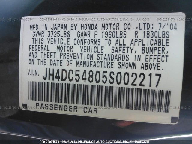 JH4DC54805S002217 - 2005 ACURA RSX BLACK photo 9