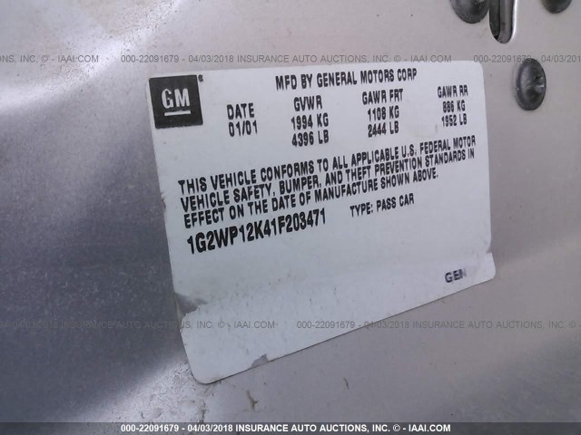 1G2WP12K41F203471 - 2001 PONTIAC GRAND PRIX GT SILVER photo 9