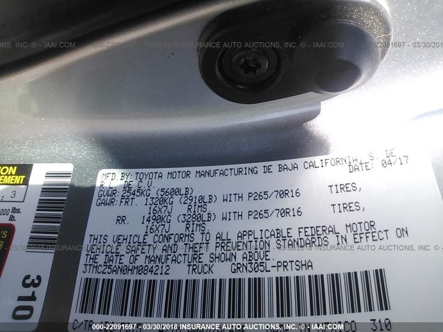 3TMCZ5AN0HM084212 - 2017 TOYOTA TACOMA DBL CAB/SR/TRDSPT/OR/PRO ნაცრისფერი ფოტო 9