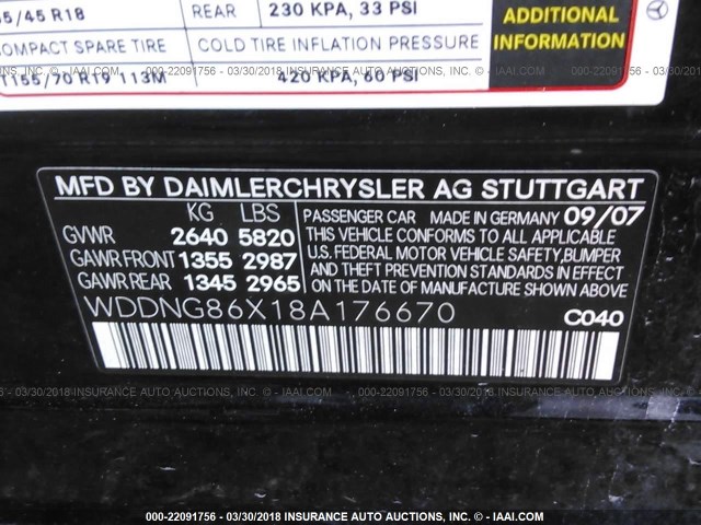 WDDNG86X18A176670 - 2008 MERCEDES-BENZ S 550 4MATIC BLACK photo 9