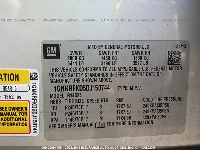 1GNKRFKD5DJ150744 - 2013 CHEVROLET TRAVERSE LS SILVER photo 9