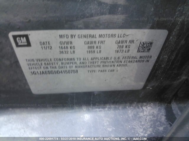 1G1JA6SG9D4150758 - 2013 CHEVROLET SONIC LS 灰色 照片 9