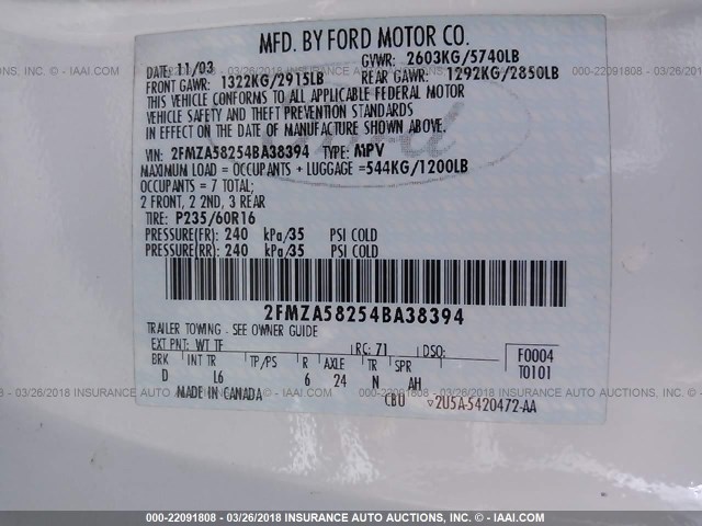 2FMZA58254BA38394 - 2004 FORD FREESTAR LIMITED WHITE photo 9