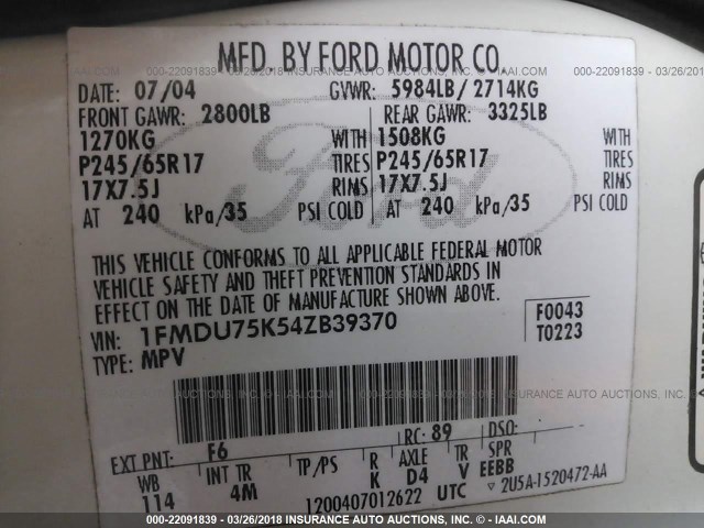 1FMDU75K54ZB39370 - 2004 FORD EXPLORER LIMITED 白色 照片 9