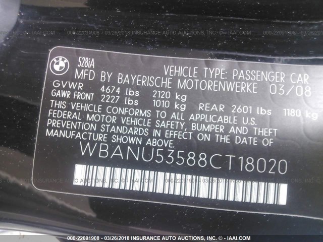 WBANU53588CT18020 - 2008 BMW 528 I BLACK photo 9