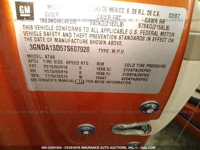 3GNDA13D57S607928 - 2007 CHEVROLET HHR LS ORANGE photo 9