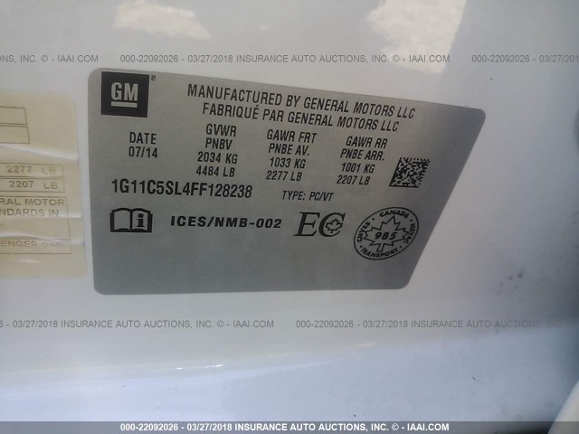 1G11C5SL4FF128238 - 2015 CHEVROLET MALIBU 1LT 白色 照片 9