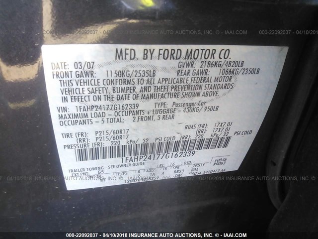 1FAHP24177G162339 - 2007 FORD FIVE HUNDRED SEL GRAY photo 9