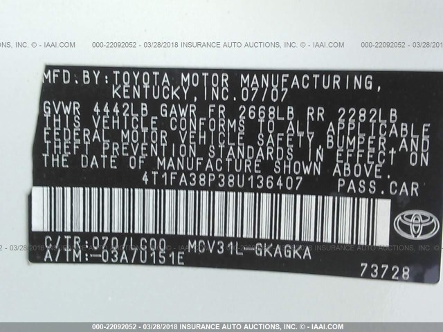 4T1FA38P38U136407 - 2008 TOYOTA CAMRY SOLARA SE/SLE/SPORT WHITE photo 9