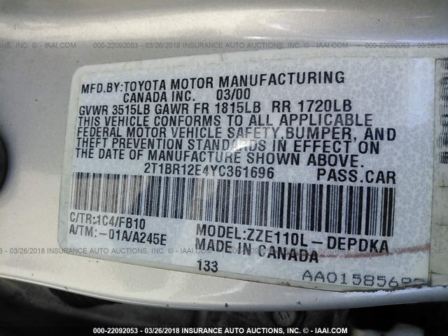 2T1BR12E4YC361696 - 2000 TOYOTA COROLLA VE/CE/LE SILVER photo 9