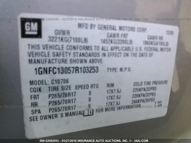 1GNFC13057R103253 - 2007 CHEVROLET TAHOE C1500 GRAY photo 9