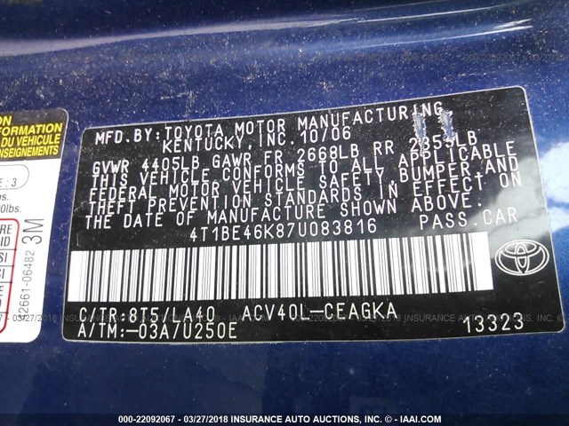 4T1BE46K87U083816 - 2007 TOYOTA CAMRY NEW GENERAT CE/LE/XLE/SE BLUE photo 9