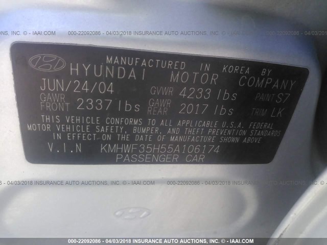 KMHWF35H55A106174 - 2005 HYUNDAI SONATA GLS/LX SILVER photo 9