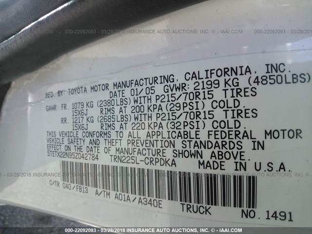 5TETX22N95Z042784 - 2005 TOYOTA TACOMA ACCESS CAB WHITE photo 9