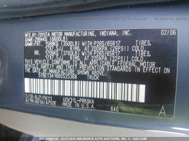 5TBET34166S525368 - 2006 TOYOTA TUNDRA DOUBLE CAB SR5 BLUE photo 9