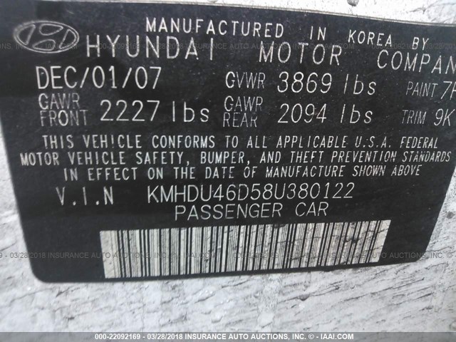 KMHDU46D58U380122 - 2008 HYUNDAI ELANTRA GLS/SE/LIMITED WHITE photo 9