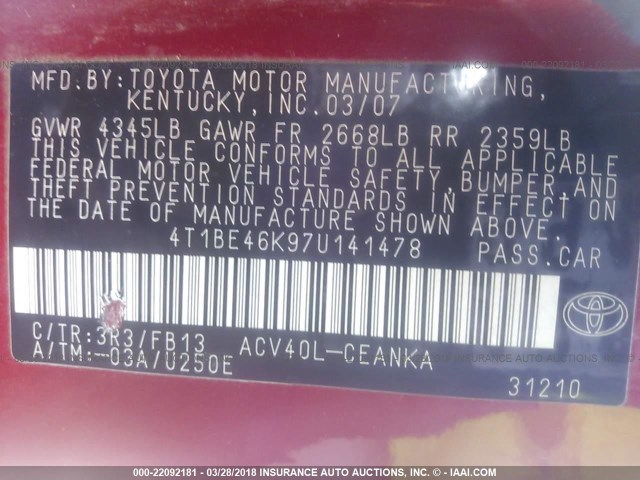 4T1BE46K97U141478 - 2007 TOYOTA CAMRY NEW GENERAT CE/LE/XLE/SE RED photo 9