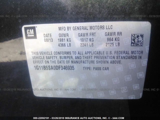 1G11B5SA0DF346935 - 2013 CHEVROLET MALIBU LS შავი ფოტო 9