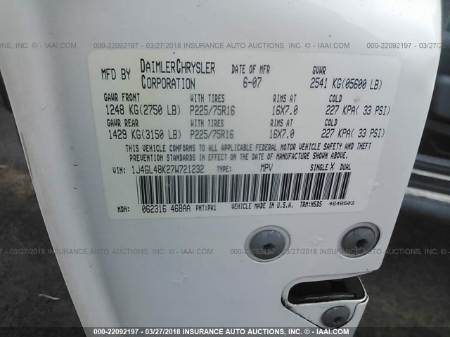 1J4GL48K27W721232 - 2007 JEEP LIBERTY SPORT 白色 照片 9