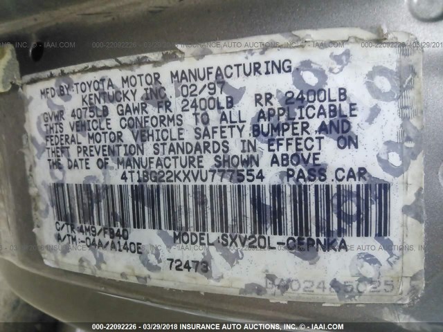 4T1BG22KXVU777554 - 1997 TOYOTA CAMRY CE/LE/XLE 灰色 照片 9