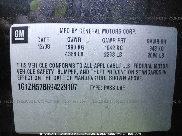 1G1ZH57B694229107 - 2009 CHEVROLET MALIBU 1LT 黑色 照片 9