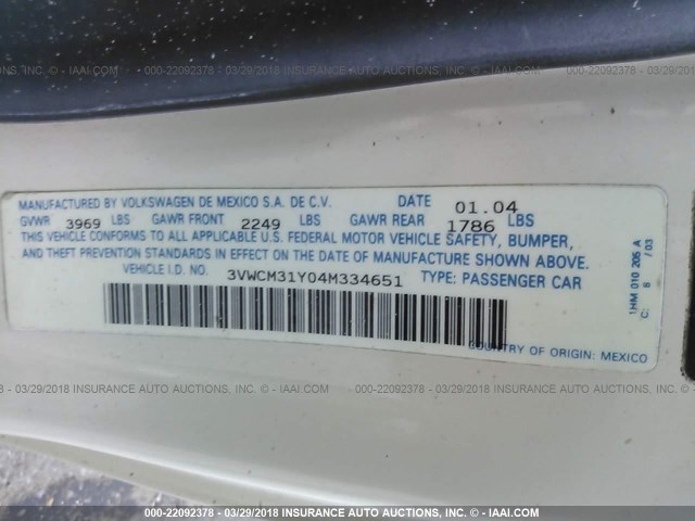 3VWCM31Y04M334651 - 2004 VOLKSWAGEN NEW BEETLE GLS Qəhvəyi foto 9