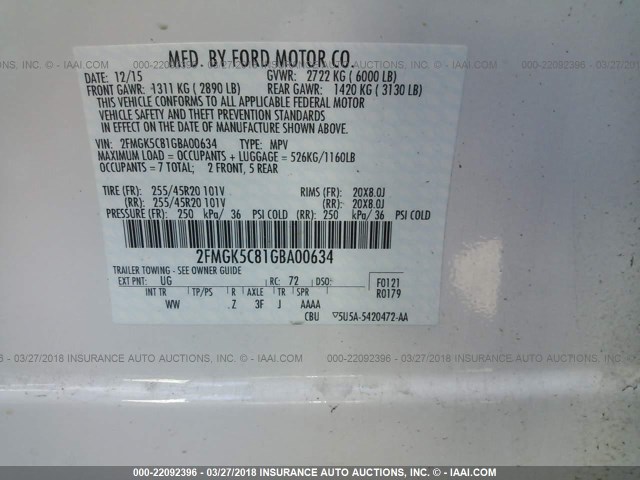 2FMGK5C81GBA00634 - 2016 FORD FLEX SEL WHITE photo 9