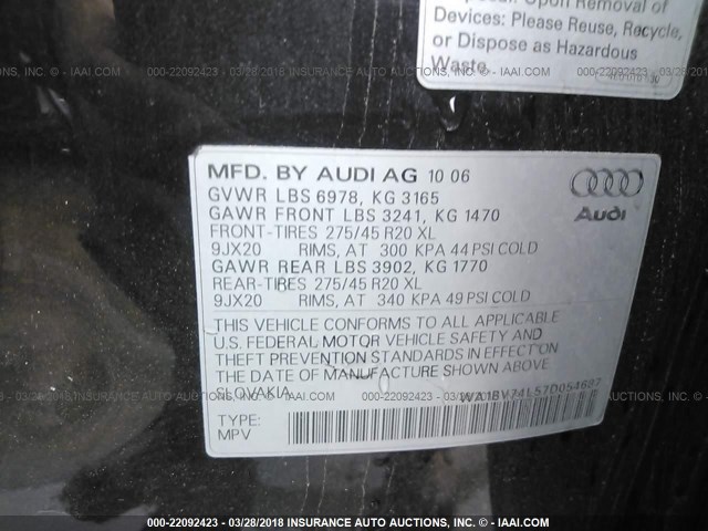 WA1BV74L57D054687 - 2007 AUDI Q7 4.2 QUATTRO PREMIUM Dark Brown photo 9