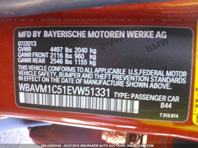 WBAVM1C51EVW51331 - 2014 BMW X1 SDRIVE28I ORANGE photo 9