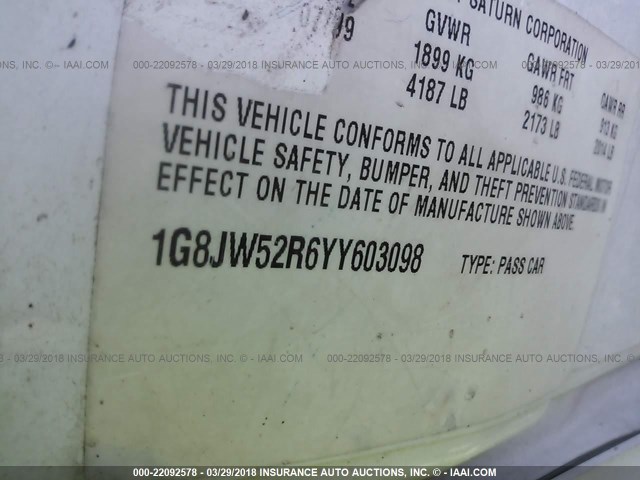 1G8JW52R6YY603098 - 2000 SATURN LS2 WHITE photo 9