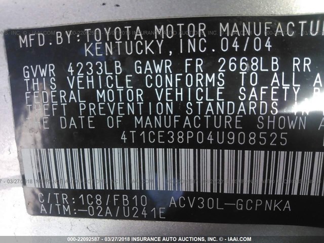 4T1CE38P04U908525 - 2004 TOYOTA CAMRY SOLARA SE/SLE Gümüş foto 9