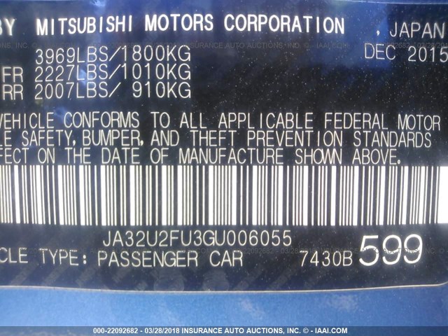 JA32U2FU3GU006055 - 2016 MITSUBISHI LANCER ES BLUE photo 9