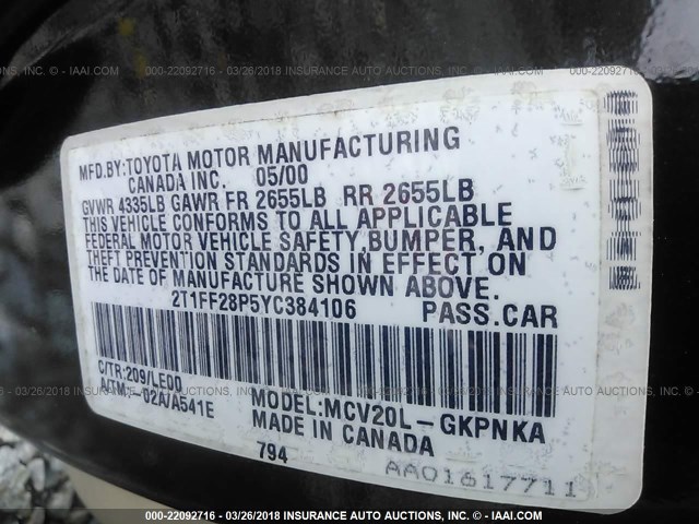 2T1FF28P5YC384106 - 2000 TOYOTA CAMRY SOLARA SE/SLE შავი ფოტო 9