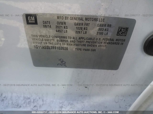 1G11A5SL7FF152636 - 2015 CHEVROLET MALIBU LS Ağ foto 9