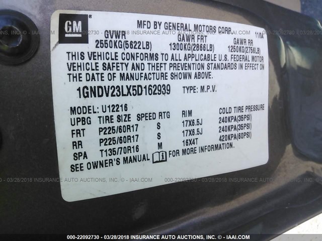 1GNDV23LX5D162939 - 2005 CHEVROLET UPLANDER LS Pewter photo 9