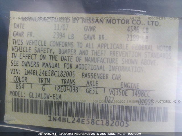 1N4BL24E58C182005 - 2008 NISSAN ALTIMA 3.5SE BLUE photo 9