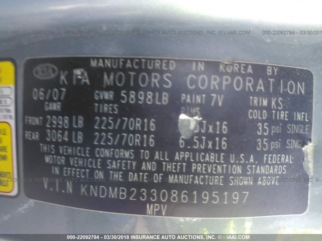 KNDMB233086195197 - 2008 KIA SEDONA EX/LX GRAY photo 9