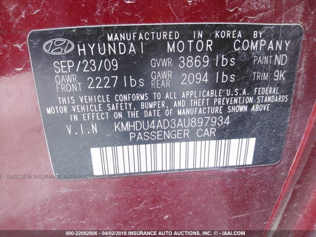 KMHDU4AD3AU897934 - 2010 HYUNDAI ELANTRA BLUE/GLS/SE RED photo 9