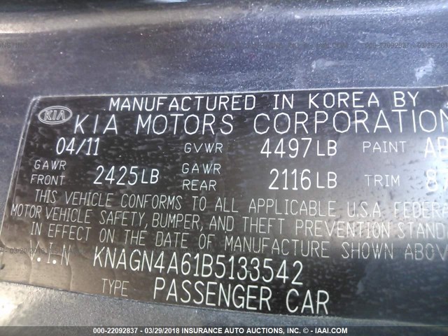 KNAGN4A61B5133542 - 2011 KIA OPTIMA EX/SX GRAY photo 9