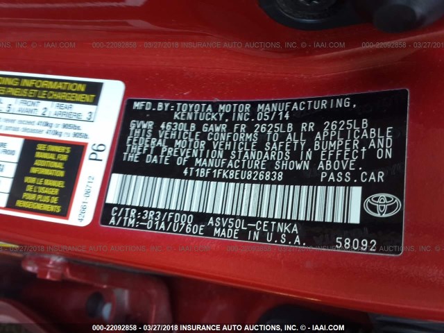 4T1BF1FK8EU826838 - 2014 TOYOTA CAMRY L/SE/LE/XLE RED photo 9