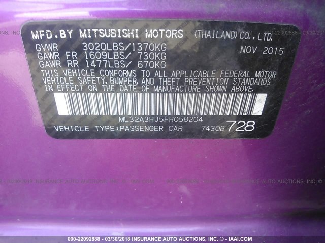 ML32A3HJ5FH058204 - 2015 MITSUBISHI MIRAGE DE PINK photo 9