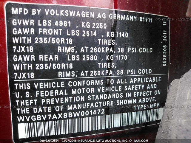 WVGBV7AX8BW001472 - 2011 VOLKSWAGEN TIGUAN S/SE/SEL RED photo 9