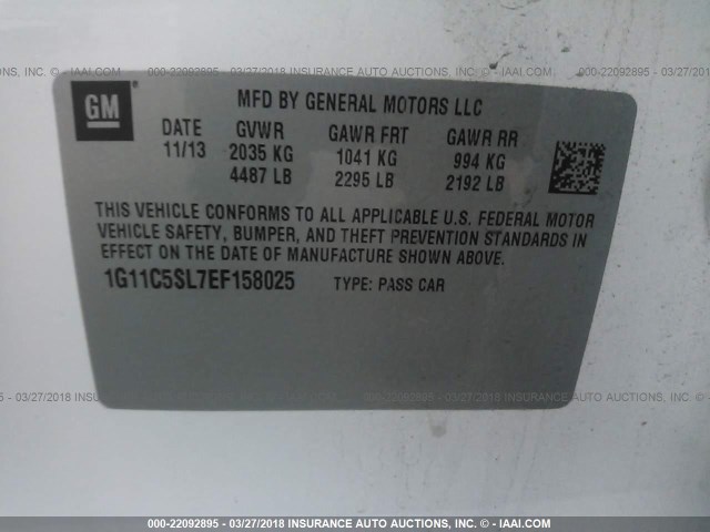 1G11C5SL7EF158025 - 2014 CHEVROLET MALIBU 1LT WHITE photo 9