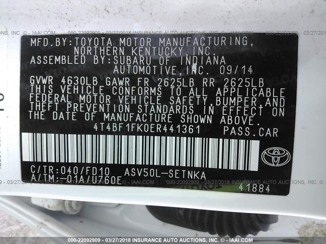 4T4BF1FK0ER441361 - 2014 TOYOTA CAMRY L/SE/LE/XLE 白色 照片 9