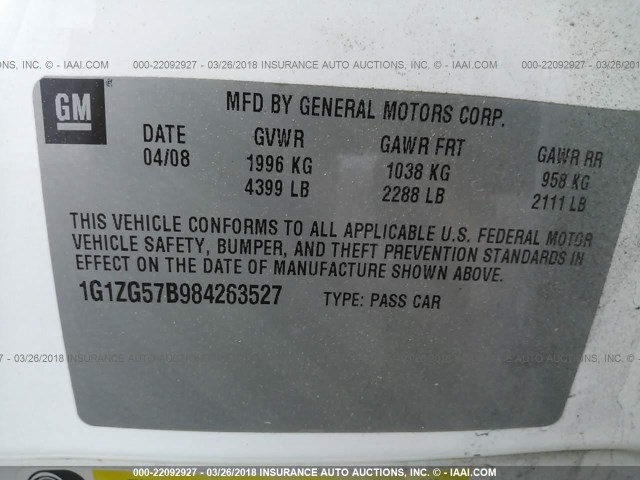 1G1ZG57B984263527 - 2008 CHEVROLET MALIBU LS WHITE photo 9