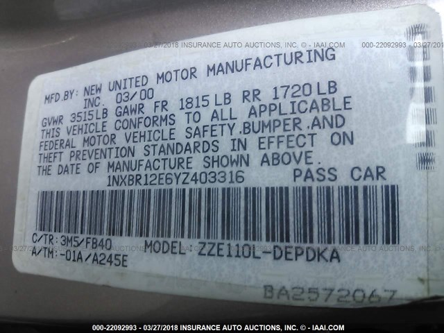 1NXBR12E6YZ403316 - 2000 TOYOTA COROLLA VE/CE/LE 金色 照片 9