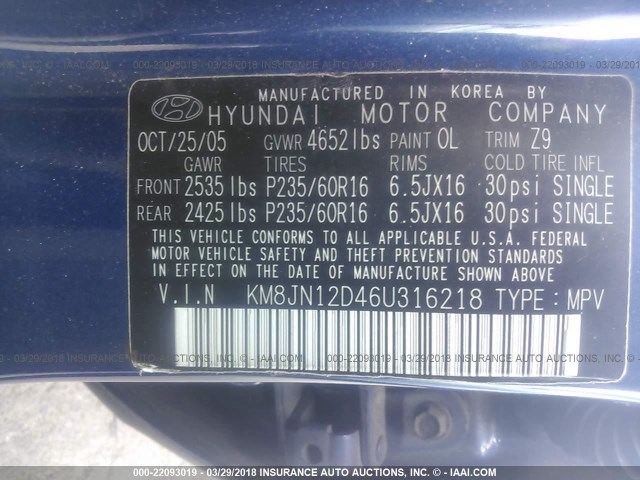 KM8JN12D46U316218 - 2006 HYUNDAI TUCSON GLS/LIMITED BLUE photo 9